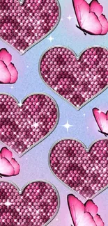 Pink jeweled hearts and butterflies on pastel background.