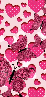 Pink polka dot hearts and butterflies wallpaper.