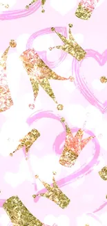 Pink and gold wallpaper with hearts and crowns.