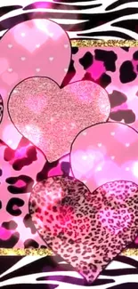 Pink hearts and animal print on mobile wallpaper.