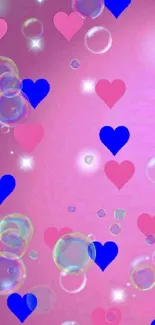 Pink wallpaper with hearts and bubbles design.