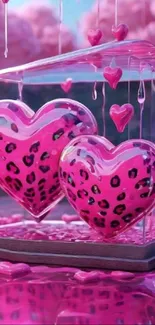 Pink leopard-patterned hearts under glass.