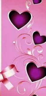 Pink and purple hearts mobile wallpaper with floral swirls.