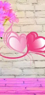 Pink hearts and flowers on a rustic brick wall background.