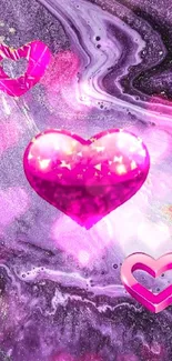 Pink hearts on a swirling purple galaxy background.