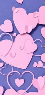 Pink hearts on a purple textured background mobile wallpaper.