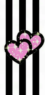 Pink hearts with glitter on stripes wallpaper.