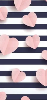 Pink hearts on black and white striped background wallpaper.