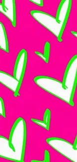 Pink background with white hearts and green outlines.