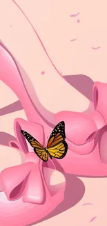 Illustration of pink high heels with a butterfly perched elegantly.