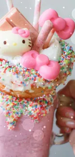 Whimsical pink Hello Kitty milkshake with a sprinkle donut and candies.