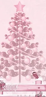 Pink holiday tree with ornaments and happy holiday text.