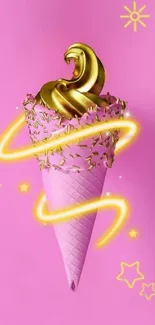 Pink ice cream cone with gold swirl and neon accents on a vibrant background.