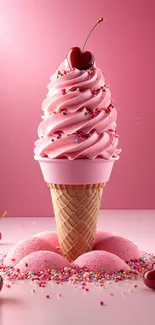 Pink ice cream cone with cherry and sprinkles