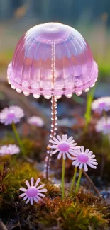 Pink jellyfish stands above flowers in a fantasy landscape wallpaper.