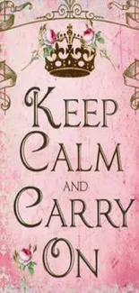 Vintage pink 'Keep Calm and Carry On' wallpaper with crown and floral accents.