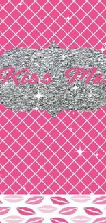 Stylish pink Kiss Me wallpaper with glitter and patterns for mobile phones.