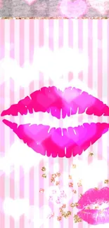 Vibrant pink lips and sparkles on striped background wallpaper.