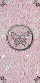 Pink lace wallpaper with butterfly and floral elegance.