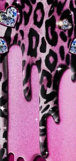 Pink leopard print wallpaper with sparkling heart-shaped gems design.
