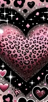 Leopard print heart on pink and black background with sparkles.