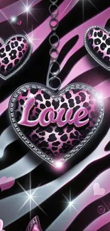 Pink leopard heart wallpaper with love text and shimmering accents.