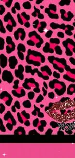 Pink leopard print wallpaper with glittery lips design.