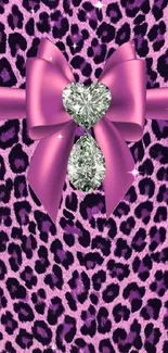 Pink leopard print wallpaper with purple ribbon.