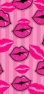 Wallpaper featuring bold pink lips on striped pink background.