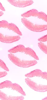 Mobile wallpaper with pink lip prints on a light pink background.