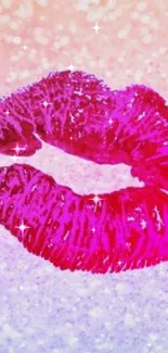 Pink lipstick print on glittery gradient background.