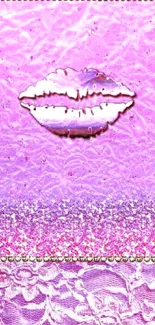 Vibrant pink wallpaper with lips, glitter, and lace design.