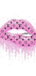 Pink lips with patterns and glitter on white background.