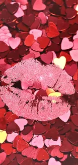 Pink glitter lips on red and pink heart background wallpaper.