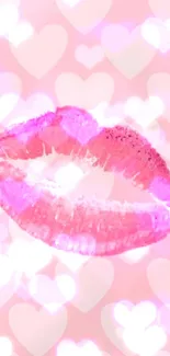 Wallpaper with pink lips and pastel hearts design.