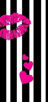 Pink lips and hearts on black and white stripes.