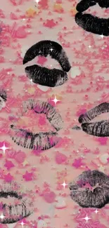 Mobile wallpaper with pink background and black lip prints.