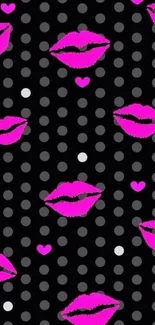 Chic black wallpaper with pink lips and polka dots.