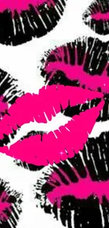 Pink lips pattern on black and white background wallpaper.