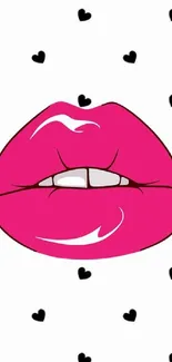 Cartoon image of pink lips with black hearts on white background.