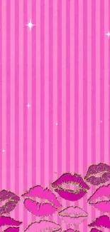 Vibrant pink wallpaper with glittering lips pattern on stripes.