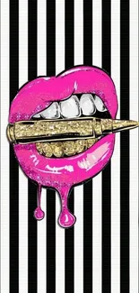 Pink lips and gold bullet on striped background wallpaper.