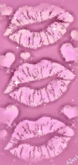 Pink wallpaper with lipstick kisses and hearts.