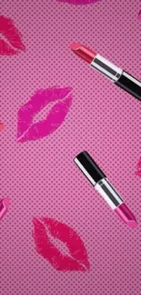 Pink lipstick and kiss pattern on dotted background.