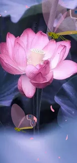 Pink lotus and butterflies on a serene backdrop.