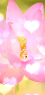 Pink lotus flower with heart-shaped bokeh effect in the background.