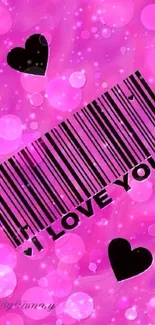 Pink wallpaper with barcode and hearts design.