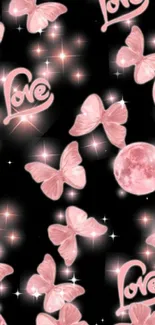 Pink butterflies and love text on black wallpaper.