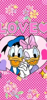 Pink cartoon wallpaper featuring ducks and hearts, perfect for a love theme.