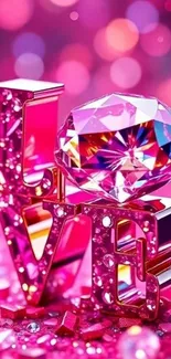 Pink LOVE design with a diamond in a sparkling setting.